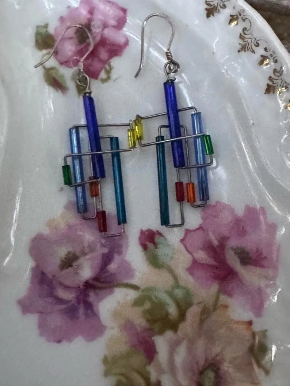 Handmade sterling geometric Multicolor Glass Tube Drop Earrings - Blue & Rainbow